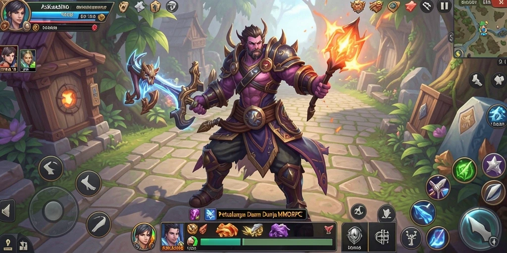 Screenshot gameplay ASKASINO menampilkan karakter beraksi dalam pertempuran MMORPG yang seru.