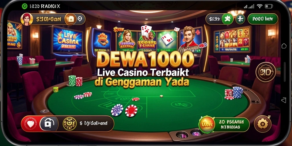 Screenshot DEWA1000 menampilkan dealer profesional dan meja live casino yang menarik.
