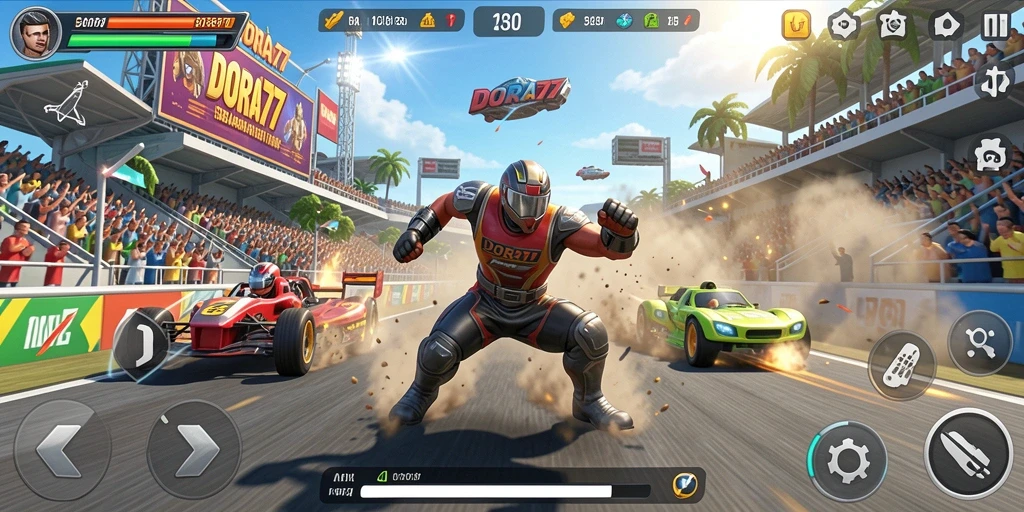 Gameplay DORA77 menampilkan aksi balapan mendebarkan dengan grafis menawan.