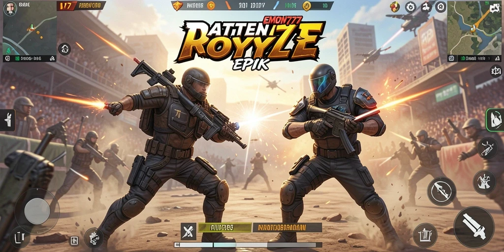 Tampilan seru gameplay EMON777 saat pertarungan Battle Royale.