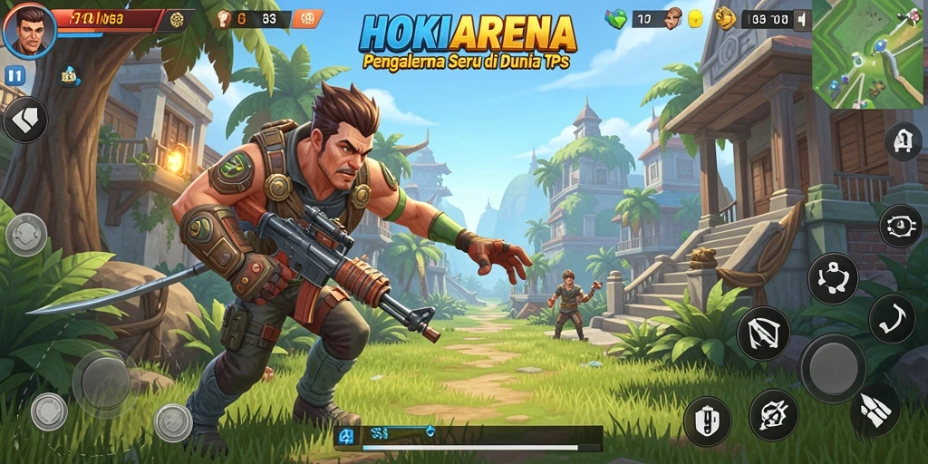 Screenshot gameplay HOKIARENA menampilkan aksi tembak-menembak yang mendebarkan.