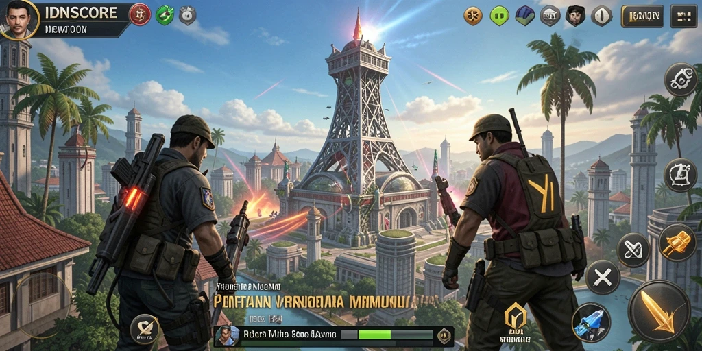 Tampilan gameplay seru IDNSCORE dalam pertahanan menara.