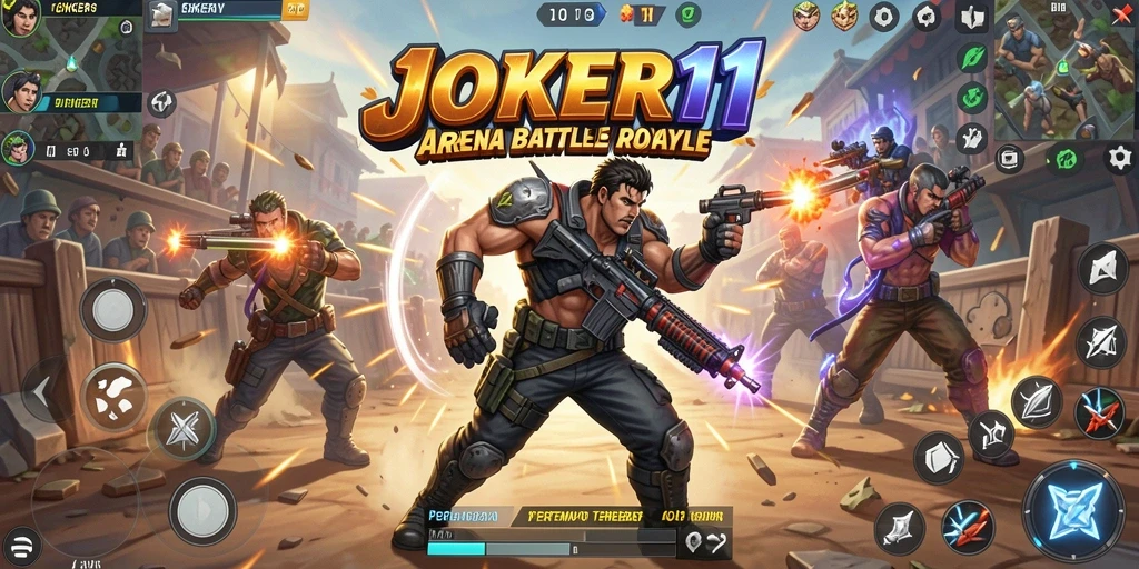 Tampilan seru gameplay JOKER11 dalam pertempuran Battle Royale.