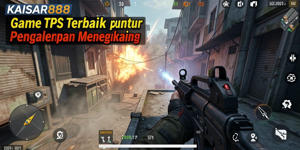 Screenshot utama KAISAR888 menampilkan aksi tembak-menembak seru di medan perang.