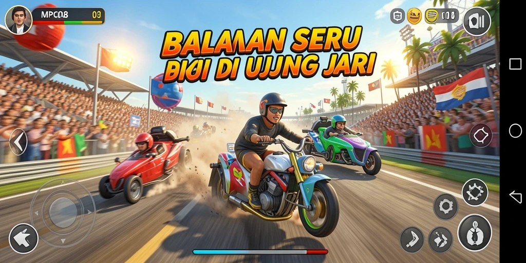Tangkapan layar gameplay MPO08 menampilkan aksi balapan yang intens.
